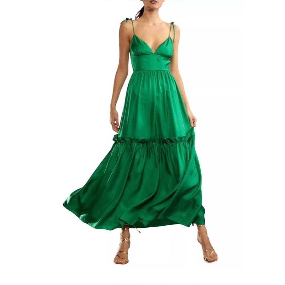 CYNTHIA ROWLEY | Silk Tiered Twill Maxi Dress in Green Size 4